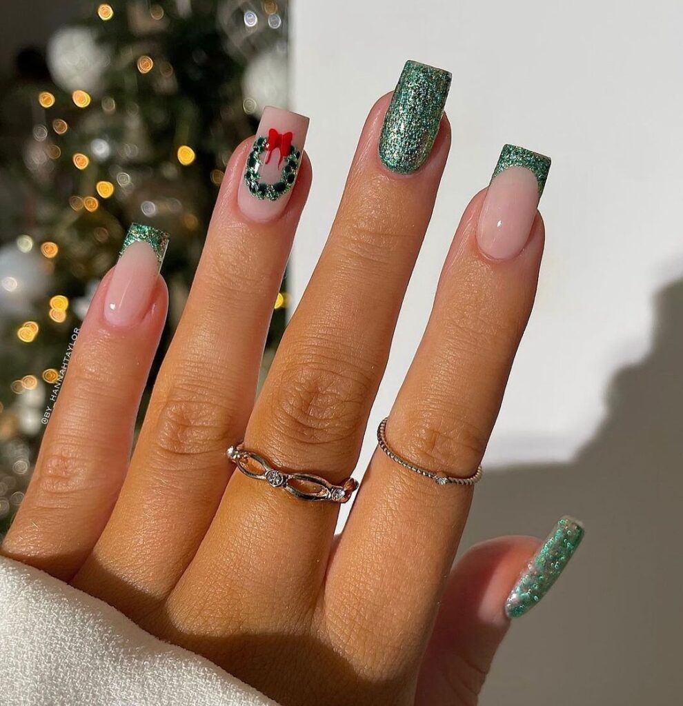 Green Floral and Red Christmas Nail Design: A Festive Fusion of Nature and Tradition