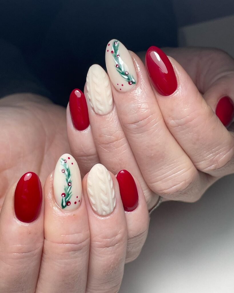 Red & White Sweater Nail Art: Cozy and Festive Winter Vibes