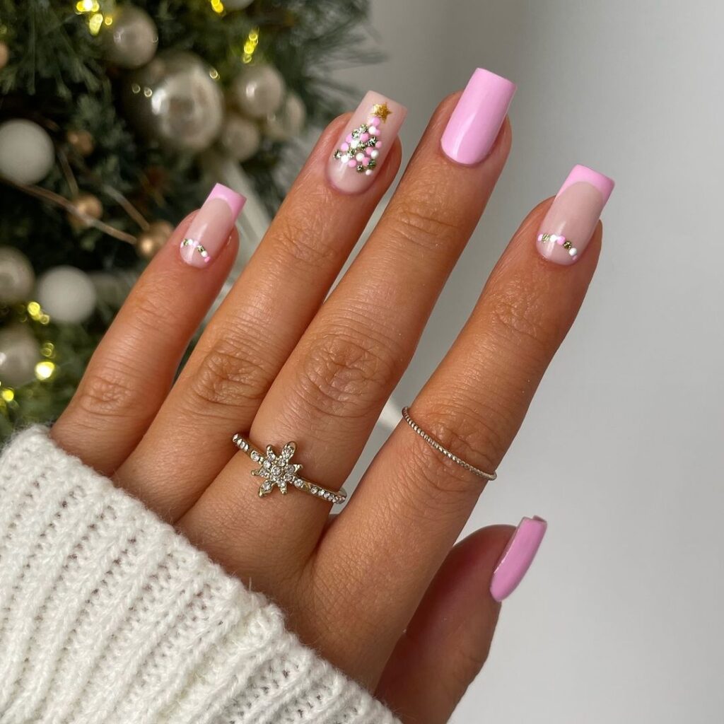 Pretty Pink Christmas Tree Nail Design