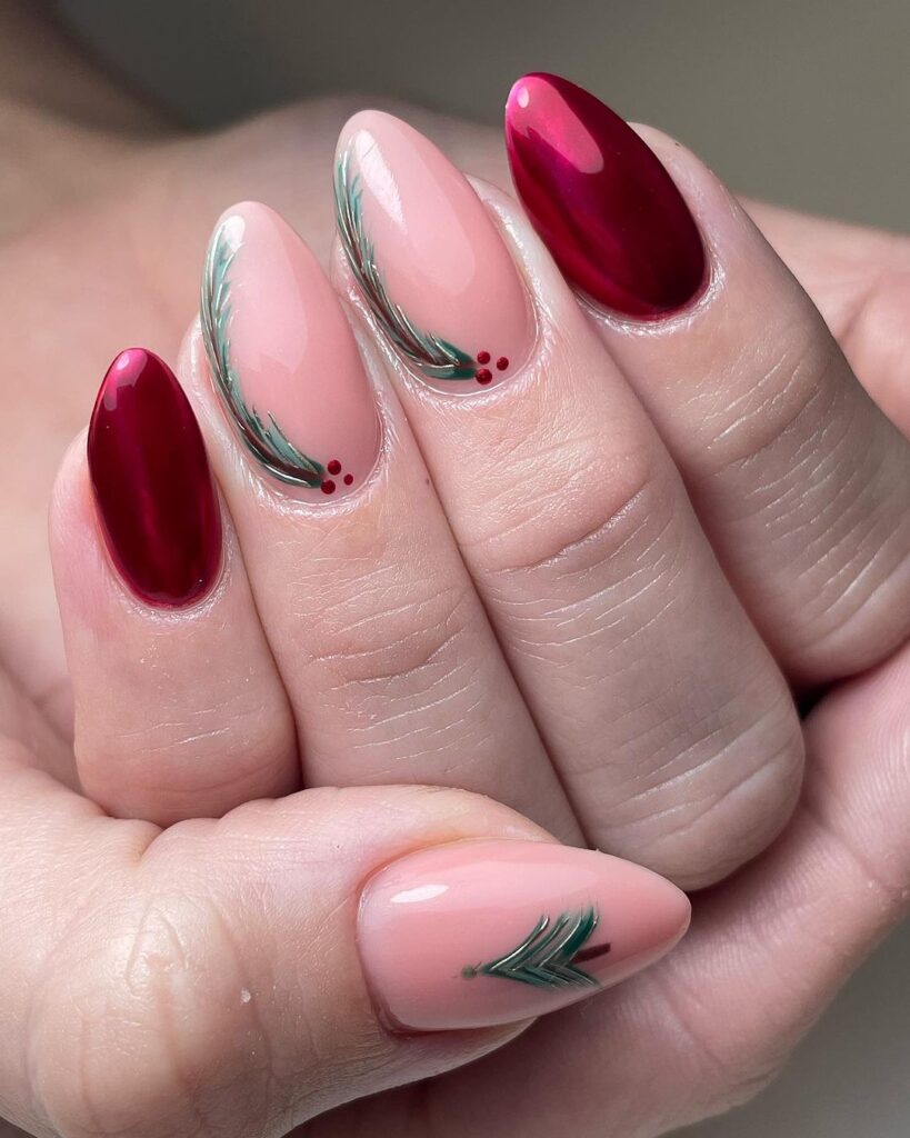 Red & Green Floral Nail Art: A Festive Twist on Classic Elegance