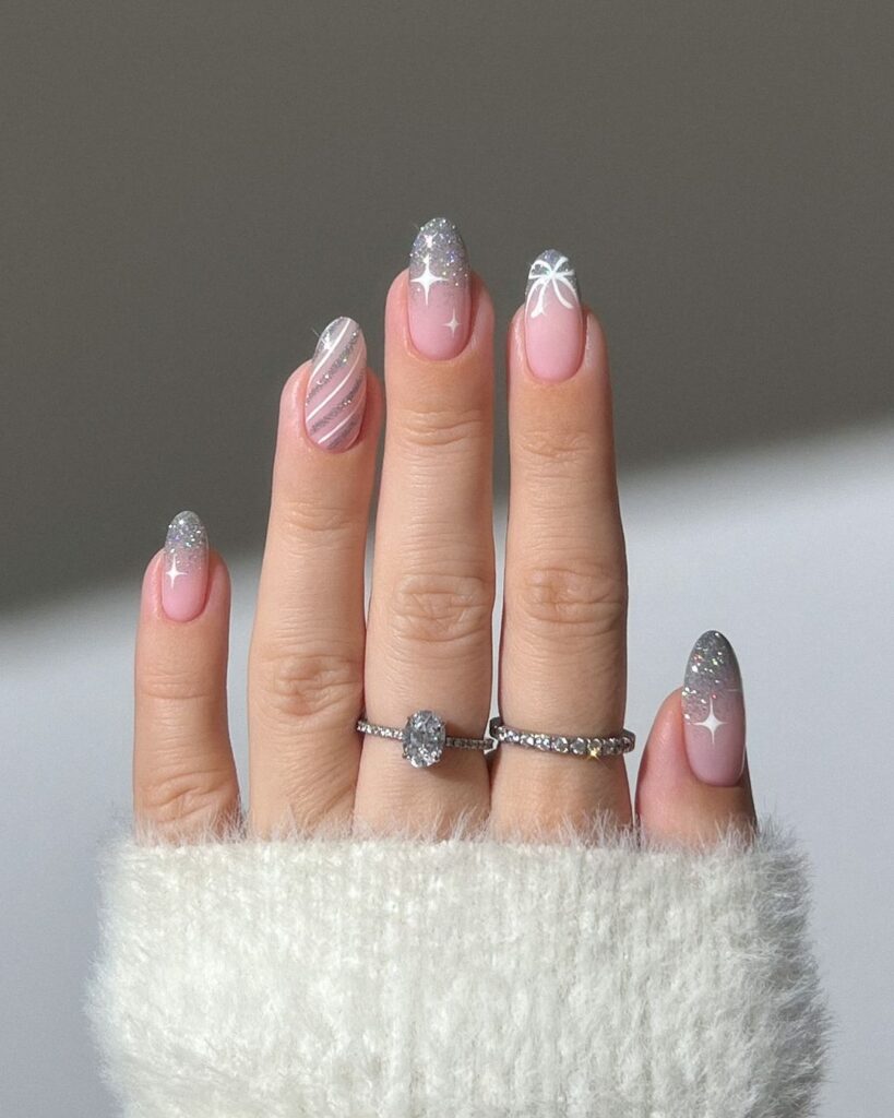 Chic Grey with Glitter: A Modern Christmas Nail Design